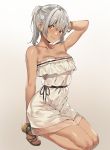  1girl arm_up bangs bare_shoulders blush brown_eyes commentary_request dark_skin dress gradient gradient_background grey_hair highres kneeling looking_at_viewer original ponytail sandals smile solo strapless strapless_dress white_dress yuran 