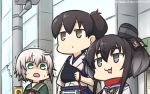  3girls black_hair brown_hair collar commentary dated dog_collar drooling green_jacket hamu_koutarou highres jacket kaga_(kantai_collection) kantai_collection long_hair messy_hair multiple_girls muneate open_mouth school_uniform serafuku shaded_face shimushu_(kantai_collection) short_hair short_hair_with_long_locks side_ponytail sidelocks tasuki tokitsukaze_(kantai_collection) trembling 