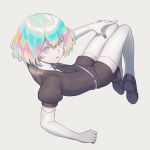  1other androgynous artist_request colored_eyelashes diamond_(houseki_no_kuni) elbow_gloves gem_uniform_(houseki_no_kuni) gloves grey_background highres houseki_no_kuni looking_at_viewer multicolored multicolored_eyes multicolored_hair necktie rainbow_eyes rainbow_hair short_hair solo thick_eyebrows thigh-highs 