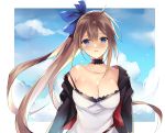  1girl ahoge bangs black_bra black_jacket blonde_hair blue_bow blue_eyes blue_ribbon blue_sky blush bow bra breasts choker cleavage clouds collarbone dress eyebrows_visible_through_hair fal_(girls_frontline) girls_frontline hair_between_eyes jacket large_breasts lingerie long_hair looking_at_viewer off_shoulder open_mouth outside_border ribbon ry_thae side_ponytail sidelocks sky solo standing strap tearing_up underwear upper_body very_long_hair 