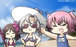  &gt;:) &gt;_&lt; +++ 3girls bikini brown_hair closed_eyes commentary cosplay dated drill_hair fate/grand_order fate_(series) flower gae_bolg grey_hair hair_flower hair_ornament hamu_koutarou harukaze_(kantai_collection) hat hibiscus highres kantai_collection kinugasa_(kantai_collection) kunashiri_(kantai_collection) multiple_girls name_tag noto_mamiko one-piece_swimsuit pink_hair scathach_(fate/grand_order) scathach_(swimsuit_assassin)_(fate) scathach_(swimsuit_assassin)_(fate)_(cosplay) school_swimsuit seiyuu_connection smile sun_hat sunglasses swimsuit towel towel_around_neck v-shaped_eyebrows 