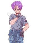  1boy =3 blue_eyes capsule_corp dirty dirty_face dragon_ball dragonball_z expressionless eyebrows_visible_through_hair fingerless_gloves gloves grey_shirt hand_on_hip hand_on_neck highres looking_away male_focus miiko_(drops7) purple_hair shirt short_hair simple_background trunks_(dragon_ball) upper_body white_background 