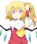  1girl adjusting_hair ascot blonde_hair blush chata_maru_(irori_sabou) eyebrows_visible_through_hair flandre_scarlet highres looking_at_viewer mouth_hold no_hat no_headwear red_eyes short_hair short_sleeves side_ponytail simple_background solo touhou white_background wings wrist_cuffs yellow_neckwear 