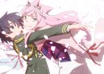  1boy 1girl agemaki_kei agemaki_kei_(cosplay) bangs black_hair blue_eyes commentary_request cosplay couple darling_in_the_franxx green_eyes hair_ornament hand_holding hetero highres hiro_(darling_in_the_franxx) horns japanese_clothes kimono leje39 long_hair long_sleeves looking_at_another looking_at_viewer military military_uniform obi oni_horns open_mouth otome_youkai_zakuro petals pink_hair pink_kimono red_horns sash short_hair sweatdrop teeth tied_hair uniform zakuro_(otome_youkai_zakuro) zakuro_(otome_youkai_zakuro)_(cosplay) zero_two_(darling_in_the_franxx) 