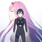  1boy 1girl bangs black_bodysuit black_hair blue_horns bodysuit breasts closed_eyes clothed_male_nude_female commentary couple darling_in_the_franxx english_commentary gloves hetero highres hiro_(darling_in_the_franxx) horns large_breasts long_hair looking_at_viewer nude oni_horns pilot_suit pink_hair raitho104 red_horns short_hair white_gloves zero_two_(darling_in_the_franxx) 