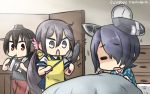  3girls akebono_(kantai_collection) alternate_costume apron bed bed_sheet bedroom bell brushing_teeth closed_eyes commentary_request cowboy_shot eyepatch flower hair_bell hair_between_eyes hair_flower hair_ornament hair_over_one_eye hamu_koutarou highres indoors jingle_bell kantai_collection long_hair looking_at_another multiple_girls nagato_(kantai_collection) open_door open_mouth purple_hair red_eyes school_uniform serious short_hair side_ponytail sportswear tenryuu_(kantai_collection) towel towel_around_neck under_covers very_long_hair violet_eyes waking_up wavy_mouth wooden_wall 