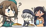  3girls :&gt; ? apron beret black_eyes black_gloves black_hair blue_eyes blush breast_envy breast_rest breasts brown_hair commentary cup curry dated drinking_glass eating food gloves grey_eyes hair_ornament hamu_koutarou hat highres i-400_(kantai_collection) kantai_collection large_breasts long_hair maya_(kantai_collection) multiple_girls pitcher remodel_(kantai_collection) sailor_collar short_hair silver_hair spoon tan x_hair_ornament z1_leberecht_maass_(kantai_collection) 