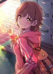  1girl backpack bag bow bowtie brown_hair eyebrows_visible_through_hair grin hair_between_eyes highres honda_mio hood hooded_sweater idolmaster idolmaster_cinderella_girls indoors locker long_hair looking_at_viewer pink_sweater rusk_(canvas4ban) short_hair smile solo sweater upper_body v yellow_bow yellow_eyes 