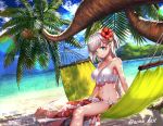  1girl alternate_costume alternate_hairstyle aono_meri armpits azur_lane bangs bare_shoulders bikini blue_eyes blue_sky blush breasts cleavage closed_mouth clouds coconut_tree collarbone day eyebrows_visible_through_hair floral_print flower groin hair_flower hair_ornament hammock japanese_clothes large_breasts long_hair looking_at_viewer mole mole_under_eye navel ocean one_side_up outdoors palm_tree sand sarong shade shoukaku_(azur_lane) sidelocks silver_hair sitting sky smile solo stomach sunlight swimsuit tree twitter_username water 