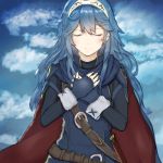  1girl blue_gloves blue_hair blue_sky cape closed_eyes clouds day fingerless_gloves fire_emblem fire_emblem:_kakusei gloves hair_between_eyes headband long_hair lowres lucina outdoors roroi_(roroin612) sky smile solo upper_body 