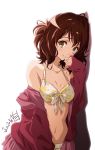  1girl 2018 bikini breasts brown_eyes brown_hair cleavage collarbone dated floral_print front-tie_bikini front-tie_top hair_between_eyes hibike!_euphonium highres jacket long_hair looking_at_viewer medium_breasts midriff miniskirt navel nii_manabu off_shoulder open_clothes open_jacket oumae_kumiko pink_skirt pleated_skirt red_jacket shiny shiny_hair shiny_skin signature simple_background skirt smile solo standing stomach swimsuit upper_body white_background 