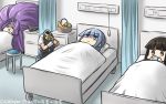  3girls absurdly_long_hair apple ascot basket bed black_hair blouse blue_eyes blue_hair cellphone commentary dated disembodied_head dullahan food fruit gloves hamu_koutarou hatsuharu_(kantai_collection) hatsukaze_(kantai_collection) hatsuyuki_(kantai_collection) headgear headless highres hikimayu hime_cut hospital_bed infirmary kantai_collection long_hair multiple_girls peeling phone pun purple_hair school_uniform smartphone stool trait_connection very_long_hair vest white_blouse white_gloves 