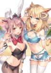  2girls animal_ears bangs beach bell bell_collar blonde_hair blue_eyes blush bow bowtie breasts cat_ears cat_tail cleavage collar commentary_request crop_top cuffs detached_collar detached_sleeves eyebrows_visible_through_hair facial_mark fake_animal_ears final_fantasy final_fantasy_xiv fishnet_pantyhose fishnets hair_between_eyes highres horns jingle_bell large_breasts looking_at_viewer medium_hair miqo&#039;te momoko_(momopoco) multiple_girls nail_polish navel ocean open_mouth pantyhose rabbit_ears red_eyes sidelocks slit_pupils standing tail tail_bell thigh-highs thigh_gap white_legwear 
