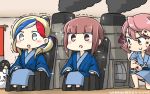  3girls :d akashi_(kantai_collection) bath_yukata blonde_hair blush brown_eyes brown_hair commandant_teste_(kantai_collection) commentary_request dated failure_penguin green_eyes grey_eyes hamu_koutarou hanten_(clothes) headband highres indoors japanese_clothes kantai_collection kimono massage_chair miss_cloud multicolored_hair multiple_girls open_mouth pink_hair redhead shaking short_hair sitting smile smoke smokestack sparkle streaked_hair v-shaped_eyebrows white_hair wrench yukata z3_max_schultz_(kantai_collection) 