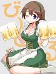  1girl alcohol alternate_costume barmaid beer beer_mug breasts brown_hair cleavage dirndl dress flipped_hair german_clothes green_dress green_hairband grey_background hairband hiei_(kantai_collection) kanoe_soushi kantai_collection medium_breasts one_eye_closed short_hair simple_background sitting solo twitter_username waitress wariza 