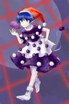  1girl apron blue_eyes blue_hair boots doremy_sweet dream_soul dress full_body hajimakura hat highres looking_at_viewer nightcap pom_pom_(clothes) short_hair short_sleeves smile solo standing tail tapir_tail touhou 