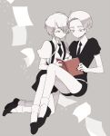  2others androgynous book cairngorm_(houseki_no_kuni) colored_eyelashes gem_uniform_(houseki_no_kuni) ghost_quartz_(houseki_no_kuni) grey_background hair_over_one_eye houseki_no_kuni multiple_others nao_(necomugi) necktie paper reading short_hair smile spoilers suspenders thick_eyebrows white_eyes white_hair 