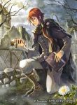  1boy belt book boots cape clouds copyright_name doll earrings etzel_(fire_emblem) fire_emblem fire_emblem:_mystery_of_the_emblem fire_emblem_cipher flower jewelry long_hair low_ponytail male_focus monocle official_art rain red_eyes redhead ring rock sky solo sparkle tree 