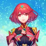  1girl armor artist_request bangs blush breasts earrings fingerless_gloves gloves hair_ornament pyra_(xenoblade) jewelry large_breasts looking_at_viewer red_eyes redhead short_hair simple_background smile solo tiara xenoblade_(series) xenoblade_2 