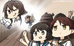  &gt;_o 3girls :q ashigara_(kantai_collection) brown_eyes brown_hair commentary dated food hamu_koutarou highres jitome kantai_collection light_brown_eyes long_hair miyuki_(kantai_collection) multiple_girls one_eye_closed remodel_(kantai_collection) sailor_collar sandwich school_uniform serafuku shikinami_(kantai_collection) tongue tongue_out v-shaped_eyebrows waving 