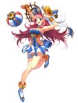  1girl :d armpits arms_up ball bangs bare_shoulders beachball blue_hat blue_skirt blunt_bangs bracelet breasts cleavage copyright_request flower full_body hat hat_flower jewelry long_hair maruhana medium_breasts official_art open_mouth pink_hair side_cutout skirt smile solo standing standing_on_one_leg striped striped_skirt sun_hat sunflower thigh_strap 