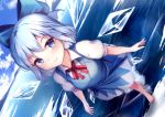  1girl arms_at_sides bare_arms barefoot blue_bow blue_dress blue_eyes blue_hair blue_sky bow cirno closed_mouth clouds cloudy_sky day dress dress_shirt dutch_angle eyebrows_visible_through_hair foreshortening frozen_lake full_body hair_bow ice ice_wings lake looking_at_viewer medium_dress neck_ribbon outdoors puffy_short_sleeves puffy_sleeves red_ribbon ribbon shirt short_hair short_sleeves sky smile solo toes touhou walking white_shirt wing_collar wings yan_(nicknikg) 