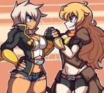  2girls averagehanzo blazblue blazblue:_cross_tag_battle blonde_hair breasts bullet_(blazblue) cleavage commentary crossover dark_skin ember_celica_(rwby) hand_holding large_breasts long_hair multiple_girls rwby violet_eyes white_hair yang_xiao_long yellow_eyes 