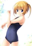  1girl blonde_hair blue_eyes blue_swimsuit flat_chest gluteal_fold highres looking_at_viewer old_school_swimsuit original school_swimsuit shibacha short_hair solo stretch swimsuit tongue tongue_out twintails white_background 
