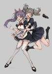  2girls absurdres animal_ears bare_legs blush borrowed_character breasts closed_eyes dress garter_straps gloves grey_hair hair_between_eyes hair_tie happy highres hug hug_from_behind jumping lavender_hair legs lm7_(op-center) long_hair maid medium_breasts multiple_girls open_eyes open_hands open_mouth original ponytail ribbon shoe_removed shoes simple_background skirt smile thigh-highs twintails 