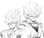  1boy :d clone clothes_writing commentary_request dirty dirty_face dougi dragon_ball dragonball_z eyebrows_visible_through_hair frown highres looking_away male_focus monochrome murata_yuusuke open_mouth serious short_hair simple_background smile son_gokuu spiky_hair super_saiyan upper_body white_background 