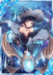  1girl akkijin armpits bare_shoulders black_hair blue_eyes boots bra breasts card_(medium) cleavage collarbone feathers flying hat hat_feather jewelry looking_at_viewer medium_breasts necklace night night_sky official_art shinkai_no_valkyrie sky staff star_(sky) starry_sky supersonic thigh-highs underwear weapon wings witch witch_hat 
