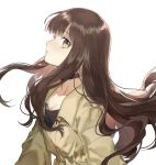  1girl bangs black_shirt blunt_bangs breasts brown_eyes brown_hair choker cleavage collarbone eyebrows_visible_through_hair fate/extra fate_(series) floating_hair from_side head_tilt hellos highres jacket kishinami_hakuno_(female) long_hair looking_at_viewer parted_lips shiny shiny_hair shirt simple_background small_breasts solo upper_body very_long_hair white_background 