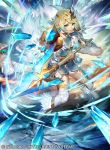  1girl bangs blonde_hair blue_eyes blue_hair cape closed_mouth company_name copyright_name dress earrings feather_trim fire_emblem fire_emblem_cipher fire_emblem_heroes fjorm_(fire_emblem_heroes) gradient gradient_hair holding holding_weapon ice jewelry long_sleeves multicolored_hair official_art polearm short_dress short_hair solo spear umiu_geso weapon 