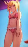  1girl artist_name bikini blonde_hair breasts commentary english_commentary frilled_bikini frills horns kobayashi-san_chi_no_maidragon long_hair looking_at_viewer maid_headdress medium_breasts navel orange_eyes pink_bikini slit_pupils smile solo stomach striped swimsuit tooru_(maidragon) twintails vertical-striped_bikini vertical_stripes zoryc 