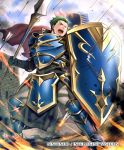  1boy armor arrow copyright_name draug_(fire_emblem) fire fire_emblem fire_emblem:_mystery_of_the_emblem fire_emblem_cipher gloves green_eyes green_hair male_focus no_headwear no_helmet official_art one_eye_closed open_mouth polearm rock shield sky solo spear teeth weapon 