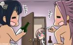  +++ 3girls =_= blue_eyes blue_hair blush bottle choko_(cup) commentary cup dated door drunk earrings hair_ribbon hamu_koutarou headband highres jewelry jun&#039;you_(kantai_collection) kantai_collection kazagumo_(kantai_collection) long_hair magatama magatama_earrings multiple_girls nude open_mouth peeking_out ponytail ribbon sake_bottle souryuu_(kantai_collection) twintails 