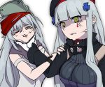  2girls anger_vein bangs beret biting blunt_bangs breasts brown_eyes closed_mouth face_hold facial_mark g11_(girls_frontline) girls_frontline gloves green_eyes hair_between_eyes hair_ornament hands_on_another&#039;s_arm hat hk416_(girls_frontline) holding lip_biting long_hair looking_at_viewer medium_breasts multiple_girls one_eye_closed open_mouth parted_lips scarf sd_bigpie shaded_face shirt shoulder_cutout silver_hair sweat teardrop tearing_up very_long_hair 