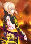  1girl artoria_pendragon_(all) backless_outfit black_bow blonde_hair bow cosplay dark_excalibur emiya_alter emiya_alter_(cosplay) fate/grand_order fate_(series) from_behind hair_between_eyes hair_bow highres holding holding_sword holding_weapon long_hair number outdoors saber_alter short_hair_with_long_locks sidelocks skirt solo standing sword tafuu_(tortafu) weapon yellow_eyes 