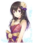  1girl :d bangs brown_eyes brown_hair collarbone dress flower fujiwara_hajime hair_between_eyes hair_flower hair_ornament idolmaster idolmaster_cinderella_girls idolmaster_cinderella_girls_starlight_stage long_hair looking_at_viewer open_mouth sash sleeveless sleeveless_dress smile solo soriya upper_body yellow_flower 