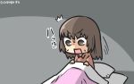  !? /\/\/\ 1girl brown_eyes brown_hair commentary_request dated hair_down hamu_koutarou highres kantai_collection motion_lines naka_(kantai_collection) open_mouth pajamas pillow solo waking_up 