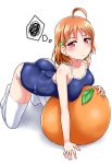  1girl ahoge annoyed ass bare_shoulders blue_swimsuit blush breasts casual_one-piece_swimsuit closed_mouth clover_hair_ornament commentary_request food fruit hair_ornament highres looking_at_viewer love_live! love_live!_sunshine!! medium_breasts one-piece_swimsuit orange orange_hair pillow red_eyes shiny shiny_hair shiny_skin short_hair simple_background solo swimsuit takami_chika thigh-highs white_background white_legwear yopparai_oni 