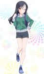  1girl ;) alternate_hairstyle bangs black_hair blue_footwear collarbone floating_hair full_body green_sweater grey_shirt grey_shorts hair_down hand_on_hip highres leg_up long_hair looking_at_viewer narumi_tsubame new_game! one_eye_closed parted_bangs pink_x shiny shiny_hair shiny_skin shirt shoes short_shorts shorts smile sneakers solo standing standing_on_one_leg sweater white_background yellow_eyes 