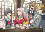  1boy 1girl 3boys absurdres ahoge apple banana bangs black_hair blonde_hair blue_eyes blush bread brown_hair closed_eyes commentary cup darling_in_the_franxx english_commentary food fruit fruit_bowl glasses gorou_(darling_in_the_franxx) grapes green_eyes hair_ornament hairband highres hiro_(darling_in_the_franxx) holding holding_cup holding_food holding_spoon honey horns lipstick long_hair long_sleeves makeup military military_uniform multiple_boys necktie oni_horns open_mouth orange_neckwear pear pink_hair plate red_horns red_neckwear saucer sharing_food short_hair signature spoon sugar_bowl table teacup teapot teeth tongue tongue_out uniform white_hairband wightricealex zero_two_(darling_in_the_franxx) zorome_(darling_in_the_franxx) 