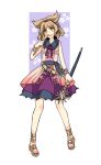  1girl belt brown_eyes brown_hair earmuffs haya_taro_pochi holding holding_sword holding_weapon open_mouth pointy_hair purple_skirt ritual_baton sandals shirt short_hair skirt sleeveless sleeveless_shirt smile solo standing sword touhou toyosatomimi_no_miko weapon wristband 