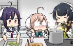  3girls :d ^_^ ahoge apron black_hair blush carrot closed_eyes commentary cooking dated flying_sweatdrops fogged_glasses glasses hair_tubes hamu_koutarou head_scarf highres kantai_collection kitchen knife long_hair makigumo_(kantai_collection) mizuho_(kantai_collection) multiple_girls neckerchief opaque_glasses open_mouth pink_hair pot rabbit sidelocks sink sleeves_past_wrists smile taigei_(kantai_collection) twintails very_long_hair 