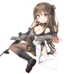  1girl arm_strap arm_support ass assault_rifle bangs bare_shoulders black_footwear black_panties black_skirt blush boots breasts brown_eyes brown_hair brown_legwear cleavage collar collarbone daewoo_k2 embarrassed eyebrows_visible_through_hair fingerless_gloves frown girls_frontline gloves gun hair_between_eyes hair_ornament hairclip highres jacket k-2_(girls_frontline) knee_boots long_hair looking_at_viewer medium_breasts miniskirt navel off_shoulder one_side_up open_clothes open_mouth open_skirt panties pantyhose pleated_skirt pouch rifle scratching_cheek seeumai shiny shiny_skin sidelocks simple_background sitting skirt smile solo thighband_pantyhose underwear wariza weapon white_background 