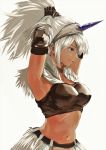  1girl arms_up breasts brown_eyes choker crop_top elbow_gloves fur fur_trim gloves hairband highres horn kirin_(armor) midriff monster_hunter monster_hunter:_world navel ponytail profile simple_background solo tank_top uenoryoma upper_body white_background white_hair 