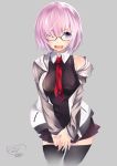  absurdres alternate_legwear cekonikova eyebrows_visible_through_hair fang fate/grand_order fate_(series) glasses grey_background highres hood hoodie looking_at_viewer mash_kyrielight necktie one_eye_closed open_mouth pink_hair red_neckwear thigh-highs violet_eyes 