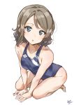  1girl barefoot blue_eyes brown_hair competition_swimsuit full_body highres logo looking_at_viewer love_live! love_live!_sunshine!! one-piece_swimsuit parted_lips seiza short_hair signature simple_background sitting solo swimsuit takenoko_no_you watanabe_you wavy_hair white_background 