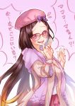  !? 1girl \m/ alternate_costume beret black_hair blush brown_hair commentary_request embarrassed fate/grand_order fate_(series) glasses gradient_hair hat hat_ribbon highres hiro_(clever0303) long_hair multicolored_hair osakabe-hime_(fate/grand_order) red-framed_eyewear ribbed_sweater ribbon scarf solo sweatdrop sweater translated very_long_hair 